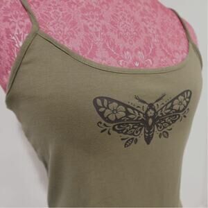 Olive green Tank with a Black Folk Moth NWOT